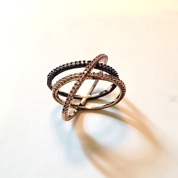 CZ pave tri-tone X ring - Picture 1 of 5